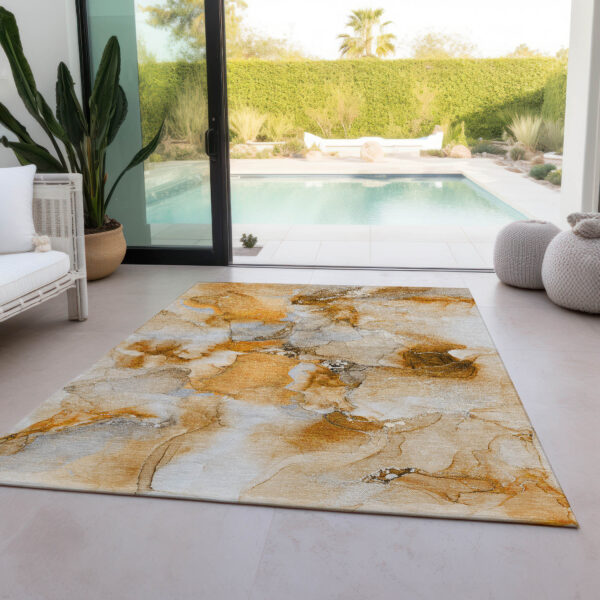 9' X 12' Orange and Ivory Abstract Washable Indoor Outdoor Area Rug