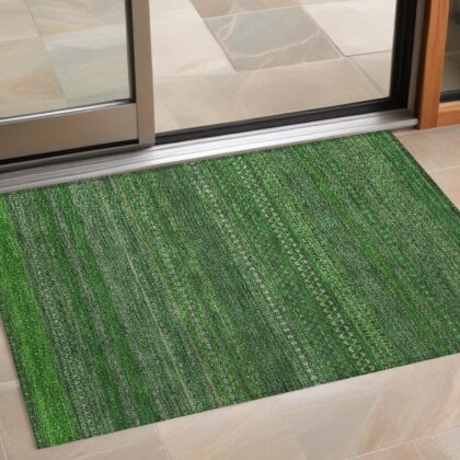2' X 3' Fern Green Striped Washable Non Skid Indoor Outdoor Area Rug
