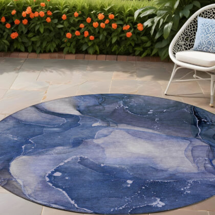 8' Round Blue Round Abstract Washable Non Skid Indoor Outdoor Area Rug