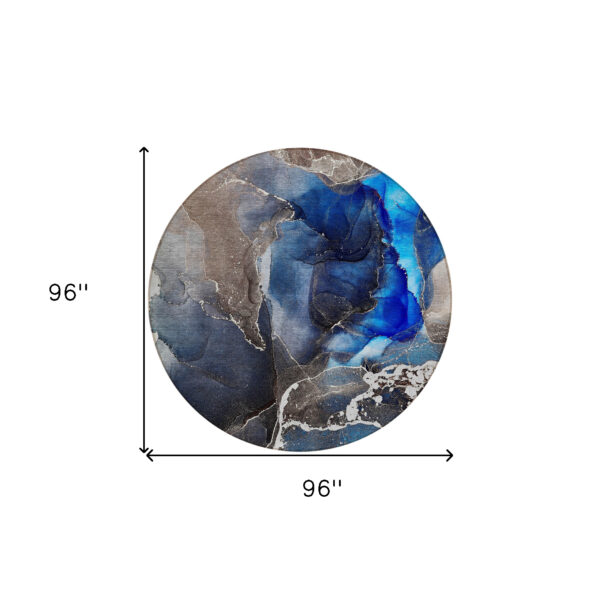 8' Round Blue Round Abstract Washable Non Skid Indoor Outdoor Area Rug