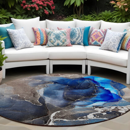 8' Round Blue Round Abstract Washable Non Skid Indoor Outdoor Area Rug