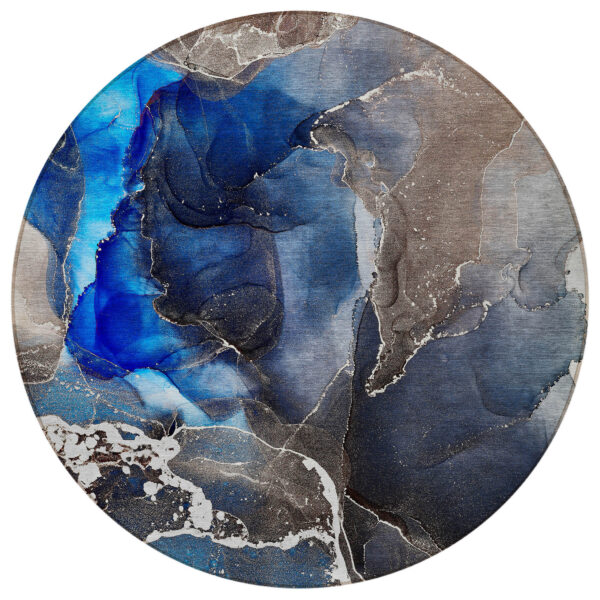8' Round Blue Round Abstract Washable Non Skid Indoor Outdoor Area Rug