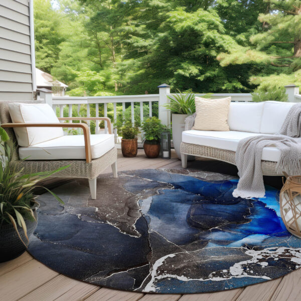 8' Round Blue Round Abstract Washable Non Skid Indoor Outdoor Area Rug