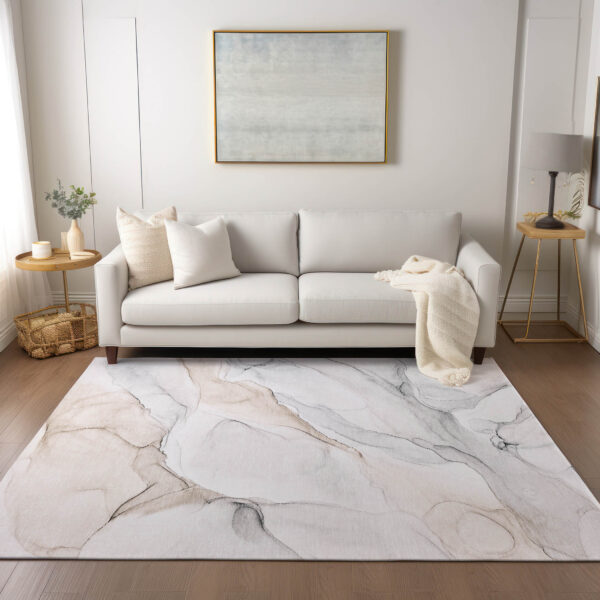 3' X 5' Beige Ivory and Gray Abstract Washable Non Skid Indoor Outdoor Area Rug