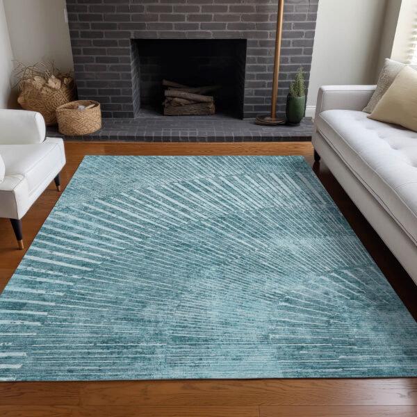 5' X 8' Teal Abstract Washable Non Skid Indoor Outdoor Area Rug