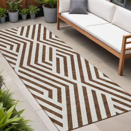 8' Runner Brown and White Geometric Washable Non Skid Indoor Outdoor Runner Rug