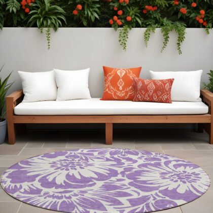 8' X 8' Purple and Ivory Round Floral Washable Non Skid Indoor Outdoor Area Rug