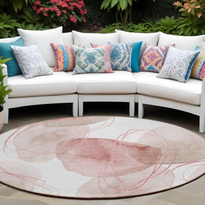 8' Round Merlot and Ivory Round Abstract Washable Non Skid Indoor Outdoor Area Rug