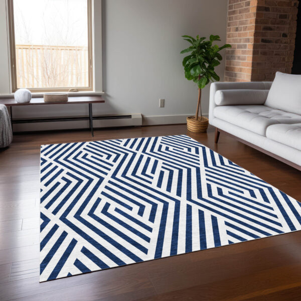 9' X 12' Navy and White Geometric Washable Non Skid Indoor Outdoor Area Rug
