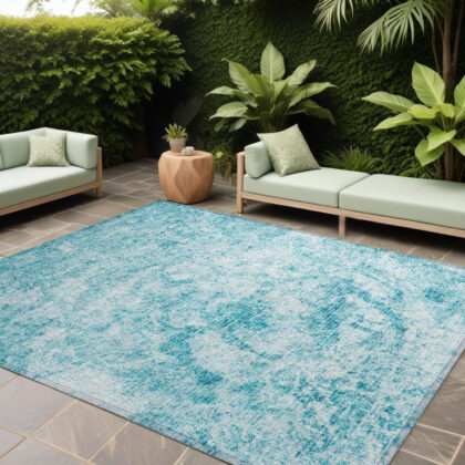 9' X 12' Teal Abstract Washable Non Skid Indoor Outdoor Area Rug