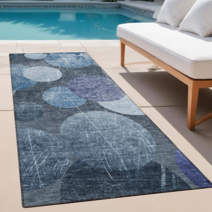 2' X 8' Gray and Blue Abstract Washable Non Skid Indoor Outdoor Runner Rug