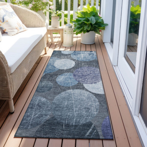 2' X 8' Gray and Blue Abstract Washable Non Skid Indoor Outdoor Runner Rug