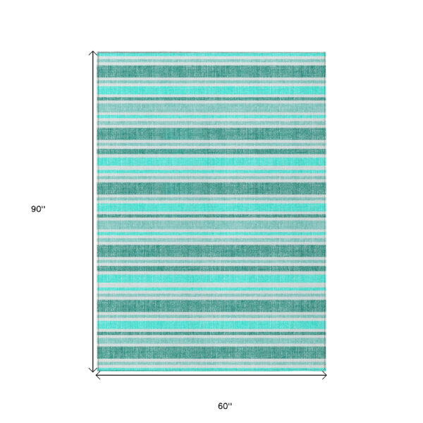 5' X 8' Turquoise Striped Washable Indoor Outdoor Area Rug