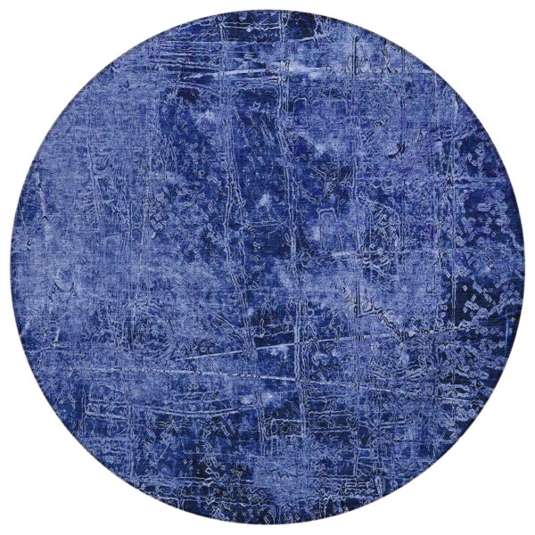8' Round Navy Blue Round Abstract Washable Non Skid Indoor Outdoor Area Rug