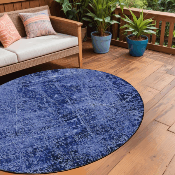 8' Round Navy Blue Round Abstract Washable Non Skid Indoor Outdoor Area Rug