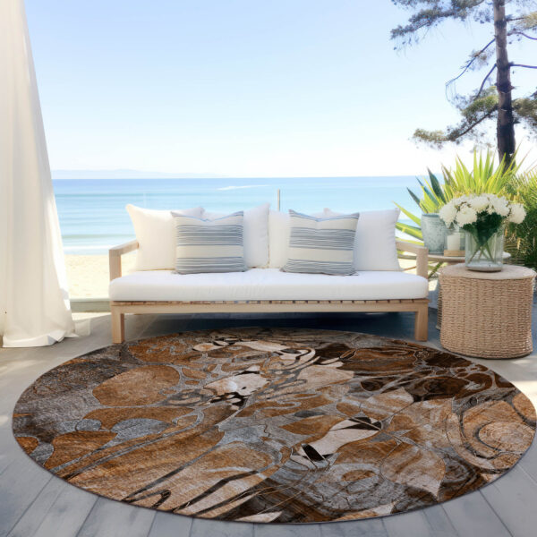 8' X 8' Chocolate Terracotta and Ivory Round Abstract Washable Indoor Outdoor Area Rug