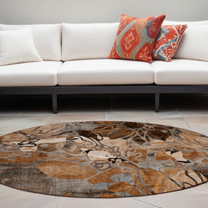 8' X 8' Chocolate Terracotta and Ivory Round Abstract Washable Indoor Outdoor Area Rug