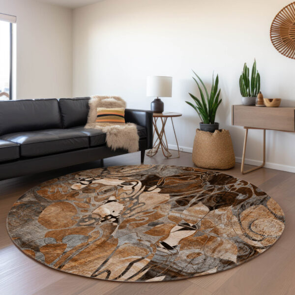 8' X 8' Chocolate Terracotta and Ivory Round Abstract Washable Indoor Outdoor Area Rug