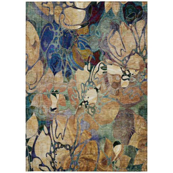 5' X 8' Beige and Blue Abstract Washable Indoor Outdoor Area Rug