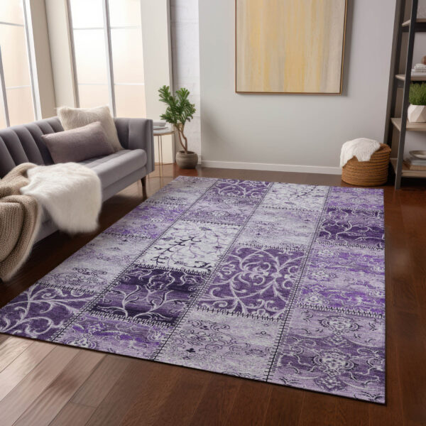 5' X 8' Purple Patchwork Washable Non Skid Indoor Outdoor Area Rug