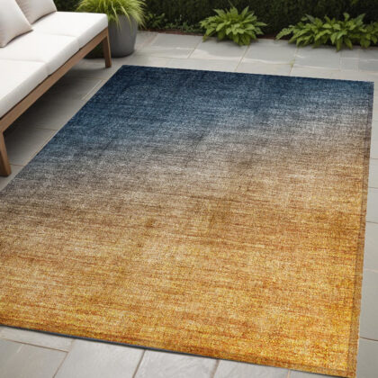 5' X 8' Denim and Gold Ombre Washable Non Skid Indoor Outdoor Area Rug