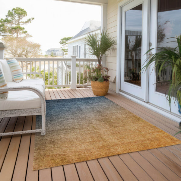 5' X 8' Denim and Gold Ombre Washable Non Skid Indoor Outdoor Area Rug