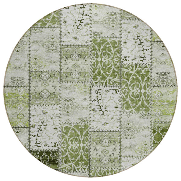 8' Round Green Round Patchwork Washable Non Skid Indoor Outdoor Area Rug