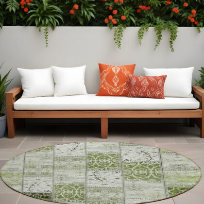 8' Round Green Round Patchwork Washable Non Skid Indoor Outdoor Area Rug