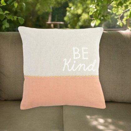20" Natural and Coral Hand Woven Text Indoor Outdoor Throw Pillow Cover With Embroidery
