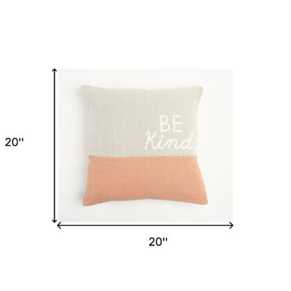 20" Natural and Coral Hand Woven Text Indoor Outdoor Throw Pillow Cover With Embroidery