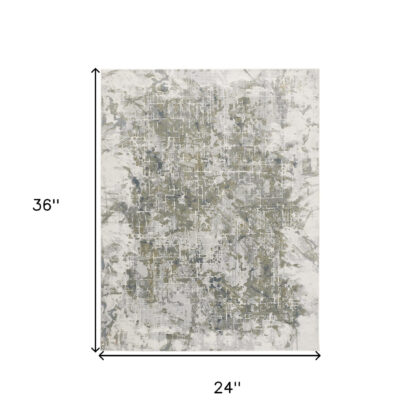 2' X 3' Green Gray And Ivory Abstract Distressed Stain Resistant Area Rug