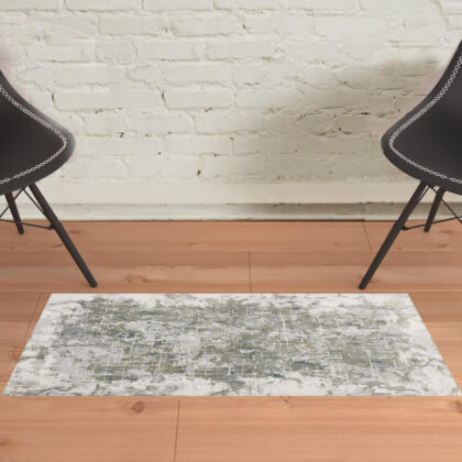 2' X 3' Green Gray And Ivory Abstract Distressed Stain Resistant Area Rug