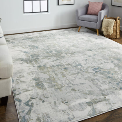 2' X 3' Green Gray And Ivory Abstract Distressed Stain Resistant Area Rug