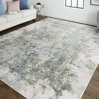 2' X 3' Green Gray And Ivory Abstract Distressed Stain Resistant Area Rug