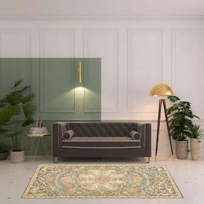 5' X 8' Blue Green Clay And Gold Oriental Tufted Handmade Stain Resistant Area Rug