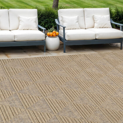 8' X 11' Beige and Brown Geometric Distressed Indoor Outdoor Area Rug