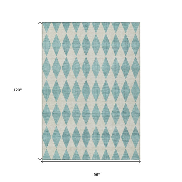 8' X 10' Teal Blue And Ivory Geometric Washable Indoor Outdoor Area Rug