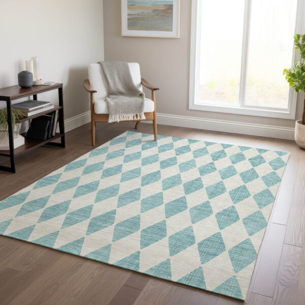 8' X 10' Teal Blue And Ivory Geometric Washable Indoor Outdoor Area Rug