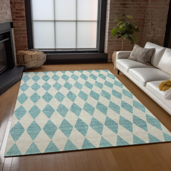 8' X 10' Teal Blue And Ivory Geometric Washable Indoor Outdoor Area Rug