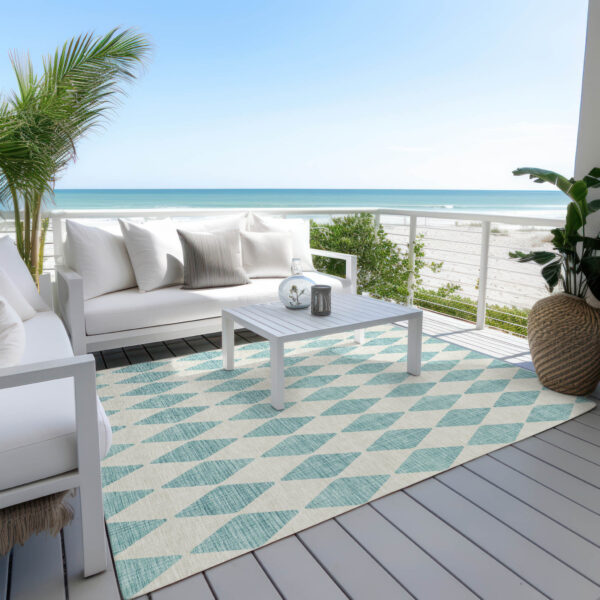 8' X 10' Teal Blue And Ivory Geometric Washable Indoor Outdoor Area Rug
