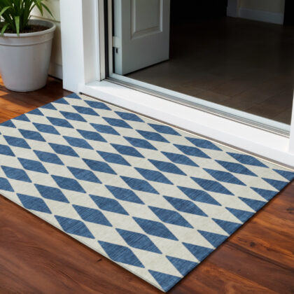 3' X 5' Navy Blue And Ivory Geometric Washable Indoor Outdoor Area Rug