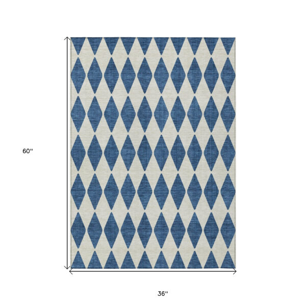 3' X 5' Navy Blue And Ivory Geometric Washable Indoor Outdoor Area Rug
