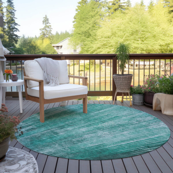 8' Teal Blue Aqua And Gray Round Striped Washable Indoor Outdoor Area Rug