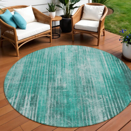 8' Teal Blue Aqua And Gray Round Striped Washable Indoor Outdoor Area Rug