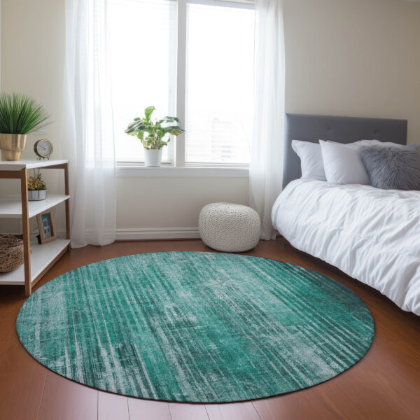 8' Teal Blue Aqua And Gray Round Striped Washable Indoor Outdoor Area Rug