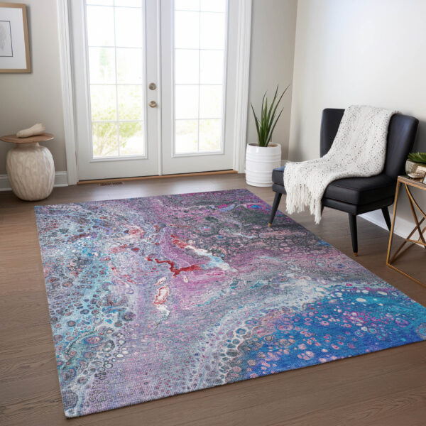 9' X 12' Sky Blue And Purple Abstract Washable Indoor Outdoor Area Rug