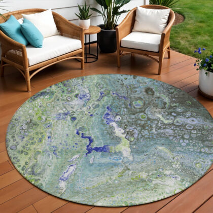 8' Green And Lime Green Round Abstract Washable Indoor Outdoor Area Rug