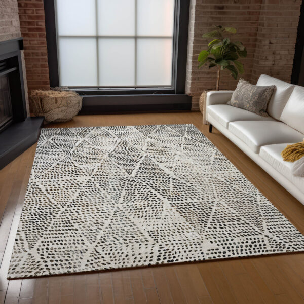 9' X 12' Ivory Charcoal And Beige Geometric Washable Indoor Outdoor Area Rug