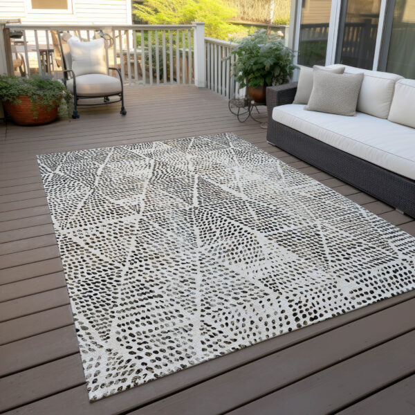 9' X 12' Ivory Charcoal And Beige Geometric Washable Indoor Outdoor Area Rug