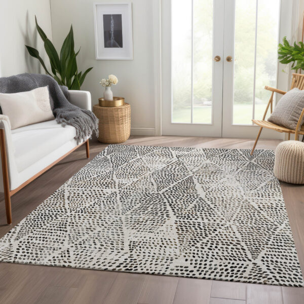 9' X 12' Ivory Charcoal And Beige Geometric Washable Indoor Outdoor Area Rug